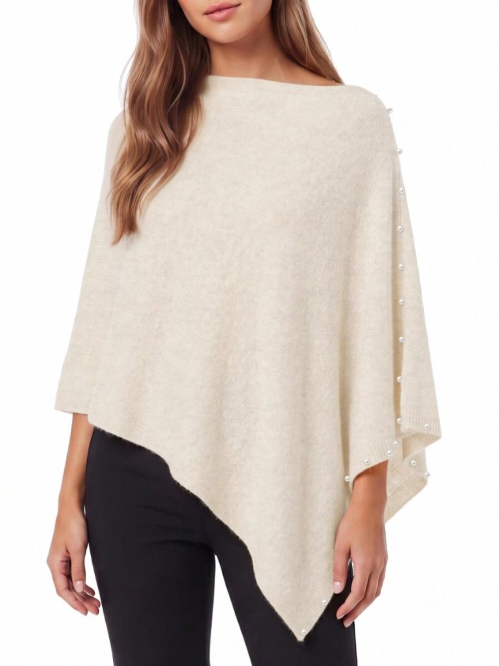 Womens Knit Poncho Sweaters Elegant Pearl Trim Lightweight Shawl Tops